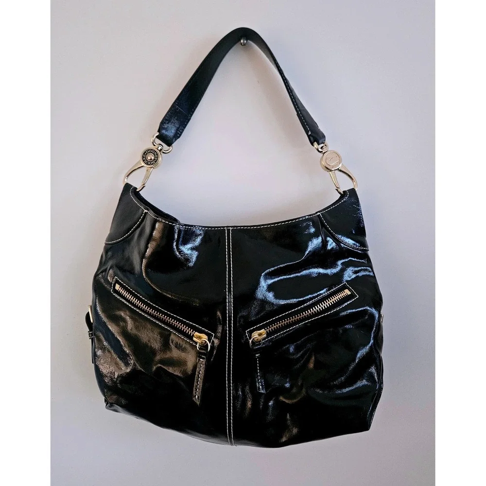 Dooney‎ & Bourke Luisa Black Patent Leather Hobo Bag White Stitching Gingham EUC